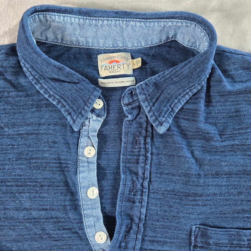 Faherty Brand Mens Polo Shirt Large Blue Indigo Cotton Short Sleeve Casual Top - Picture 2 of 8
